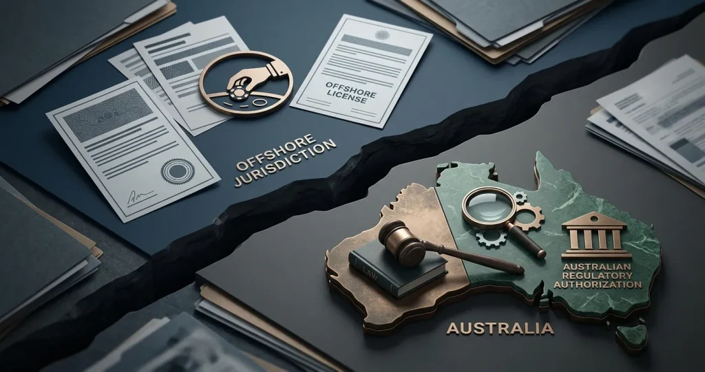 Neutral editorial illustration separating an offshore casino operator and licence from Australian law and ACMA enforcement