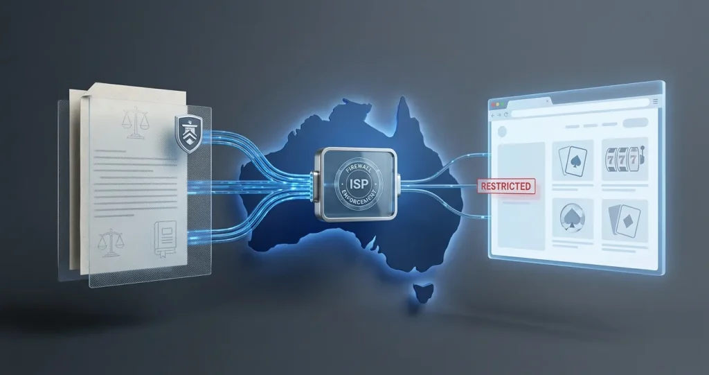 Illustration of Australian online gambling regulation linking federal law, ACMA enforcement and offshore casino websites