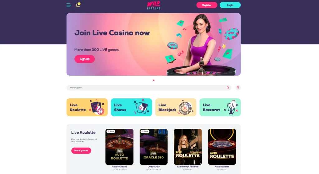 Current Wild Fortune live casino lobby for Australian users