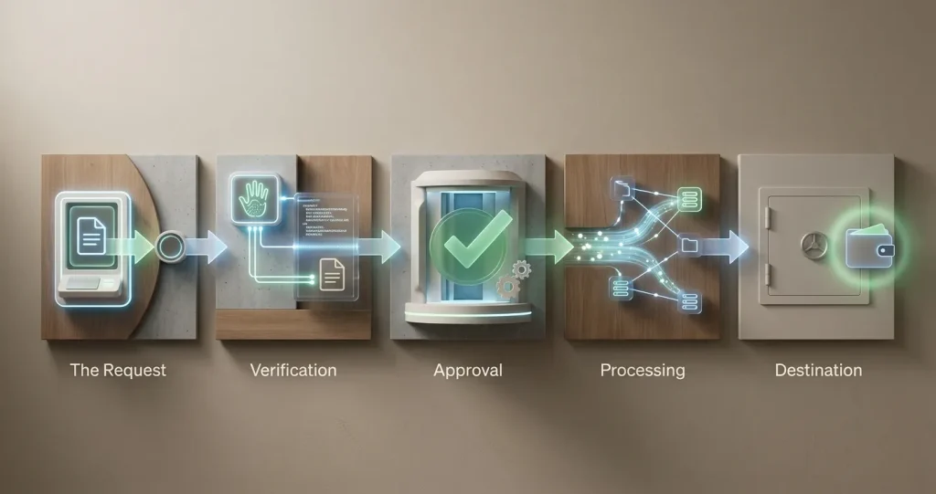 Editorial illustration of a withdrawal moving through request, verification, approval, processing and receipt