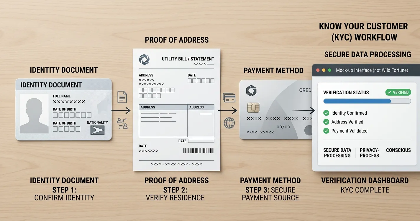 Neutral illustration of identity, address and payment verification documents