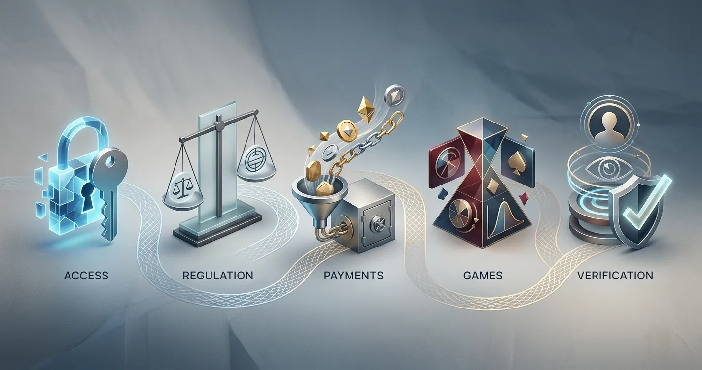 Editorial decision framework showing access, payments, games, verification and regulation